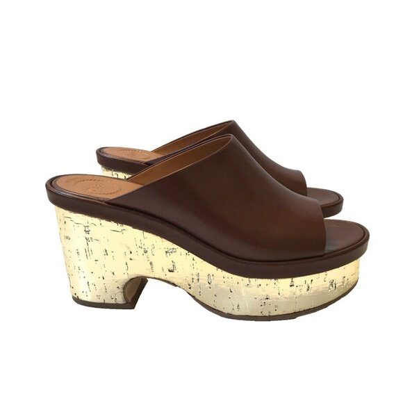 Chloe Oil Leather Cork Mule Platform Sandals Womens 41 Brown Gold Leather Slides - Picture 4 of 12